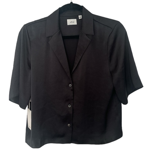 Aritzia Wilfred Black Beso Short Sleeve Button Up Shirt Satin Blouse Size S NWT - Picture 4 of 6